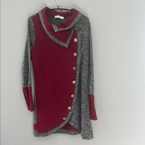 Red and Gray Cowl Neck Sweater with Asymmetrical Design
